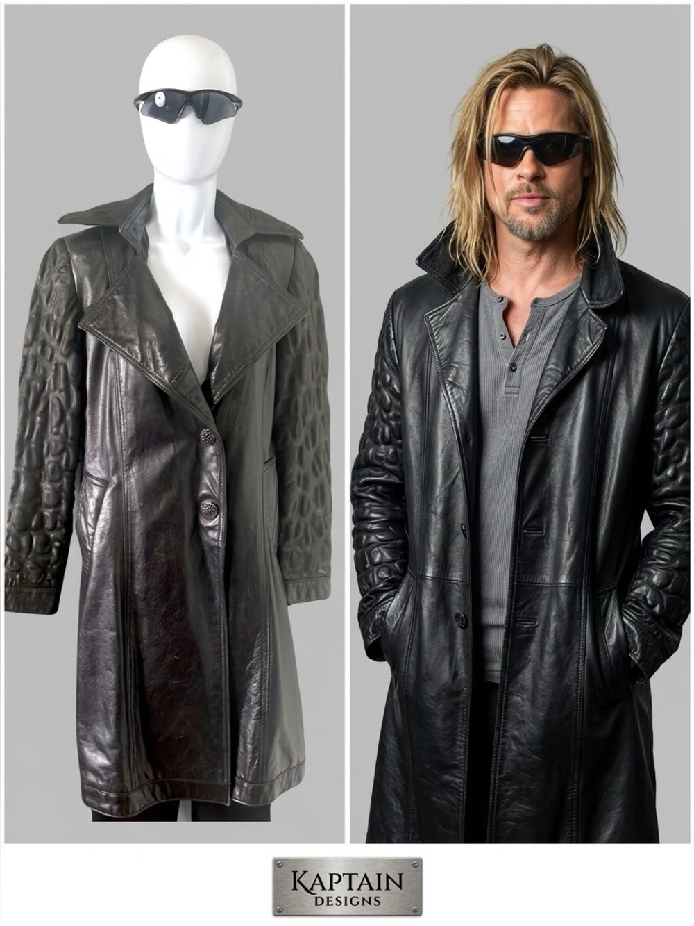 KAPTAIN Mens M Black Leather Trench Coat Bubble Textured Sleeve Vintage Y2K